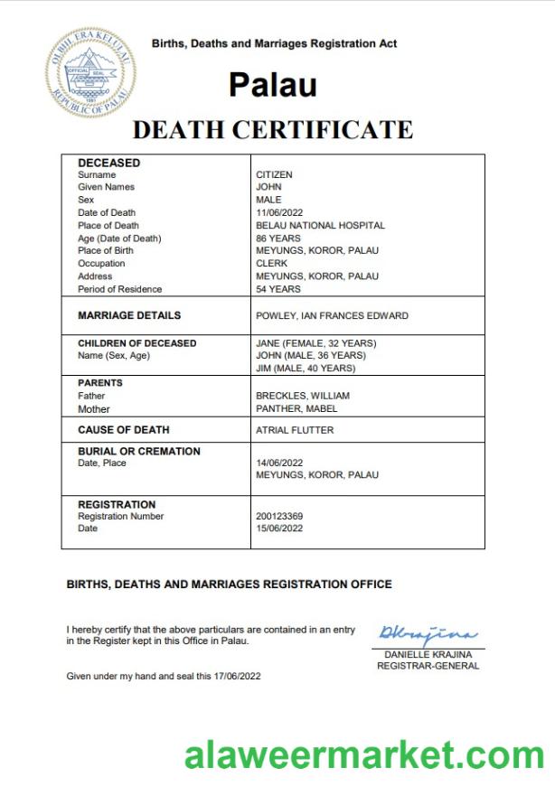 Palau vital record death certificate Word and PDF template